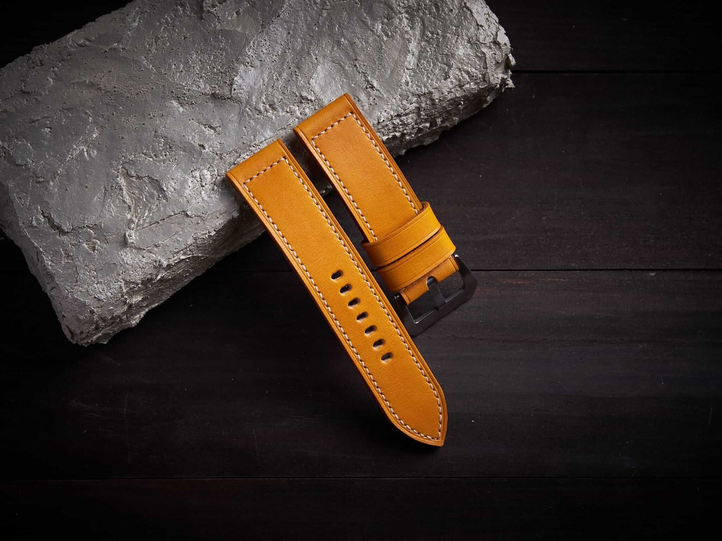 Albicocca yellow veg tan leather Panerai strap. Customizable size and details.-2 Moons Leather