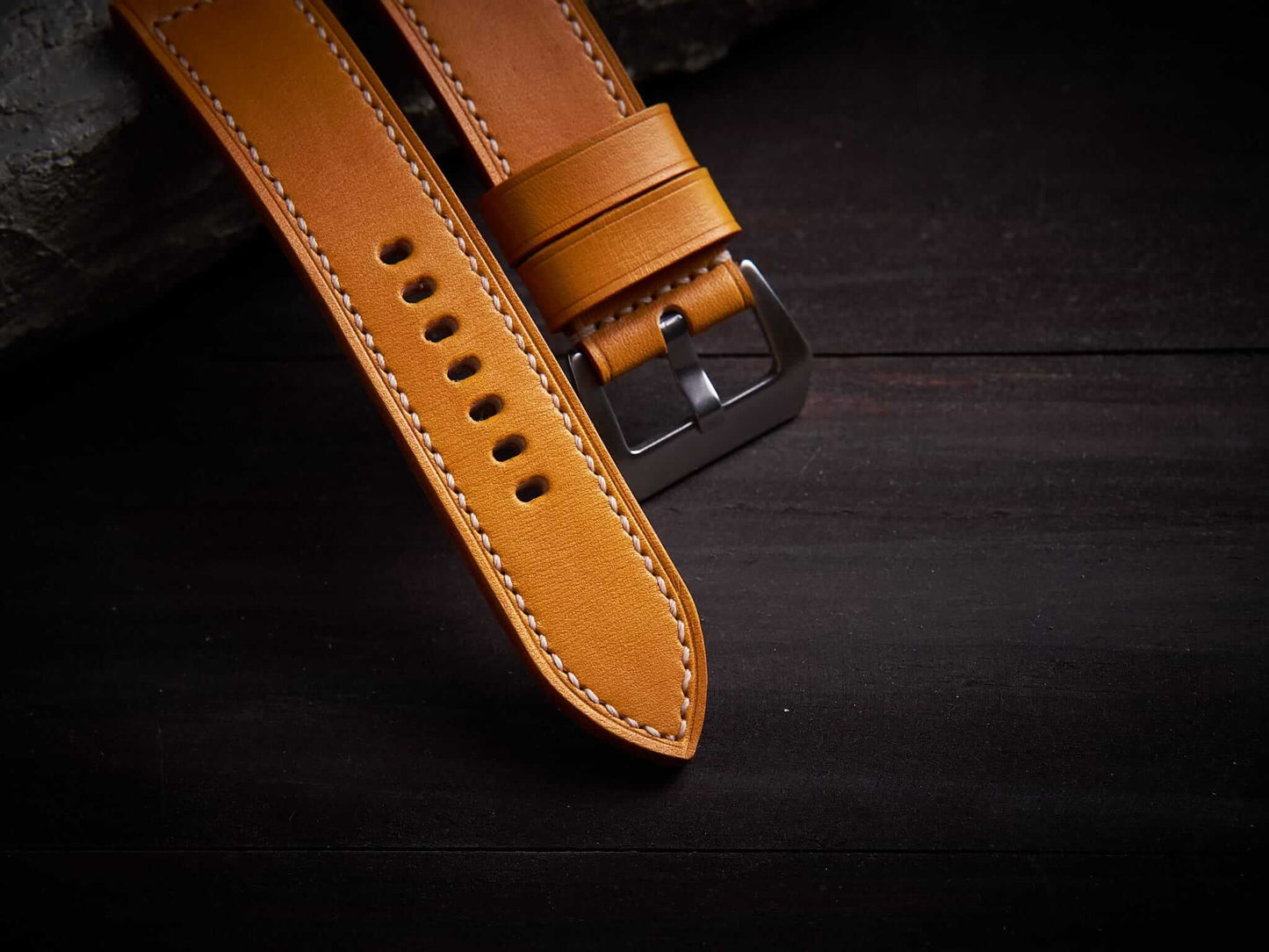 Albicocca yellow veg tan leather Panerai strap. Customizable size and details.-2 Moons Leather