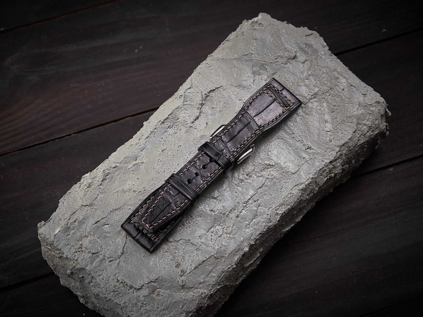Black alligator leather pilot strap. Customizable IWC strap.-2 Moons Leather