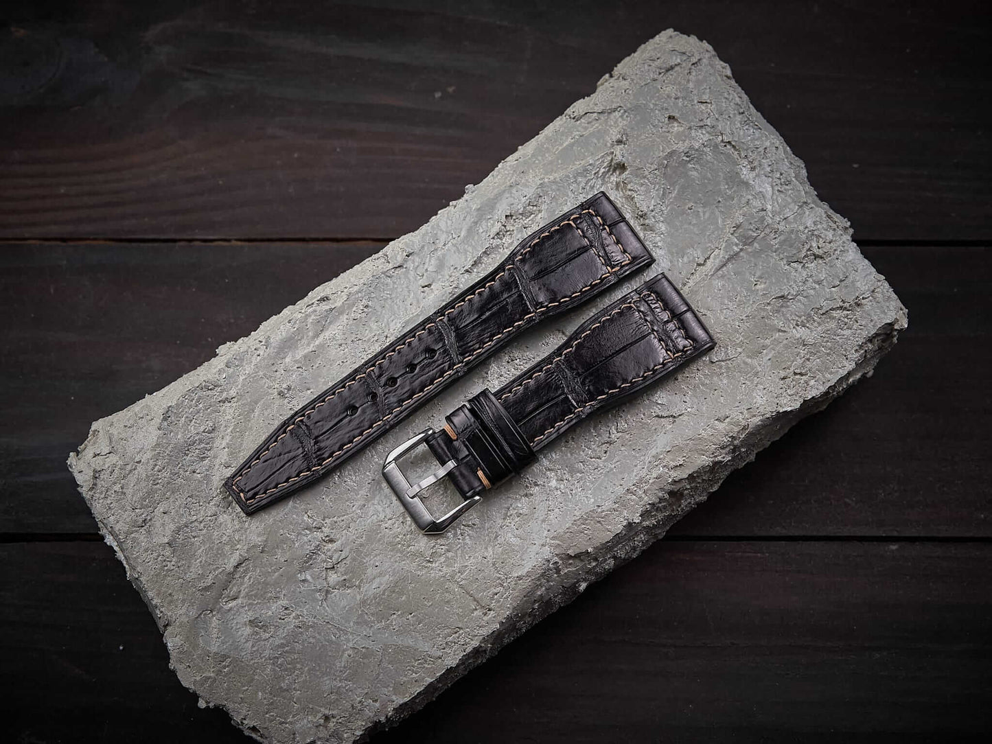 Black alligator leather pilot strap. Customizable IWC strap.-2 Moons Leather