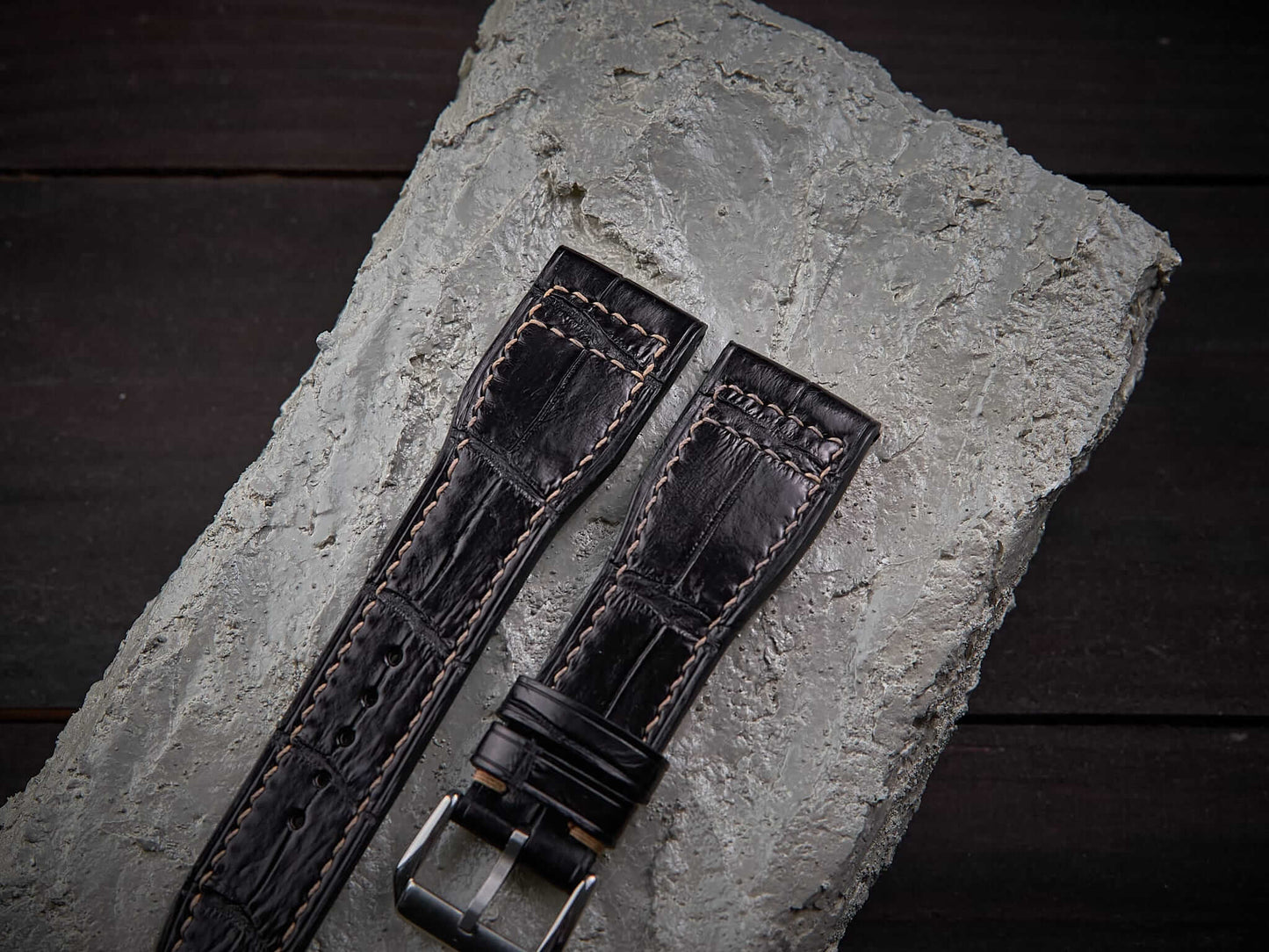 Black alligator leather pilot strap. Customizable IWC strap.-2 Moons Leather