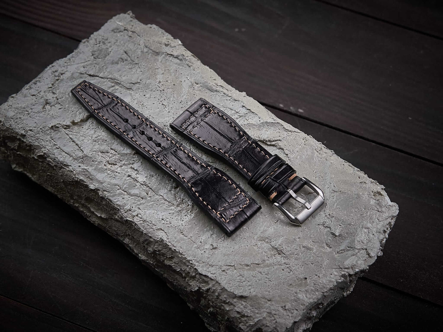 Black alligator leather pilot strap. Customizable IWC strap.-2 Moons Leather