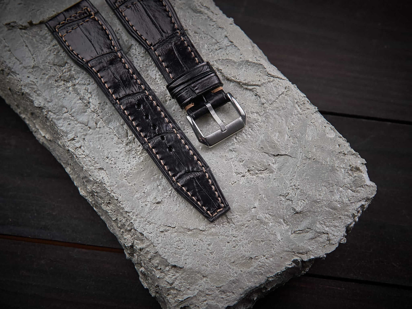 Black alligator leather pilot strap. Customizable IWC strap.-2 Moons Leather
