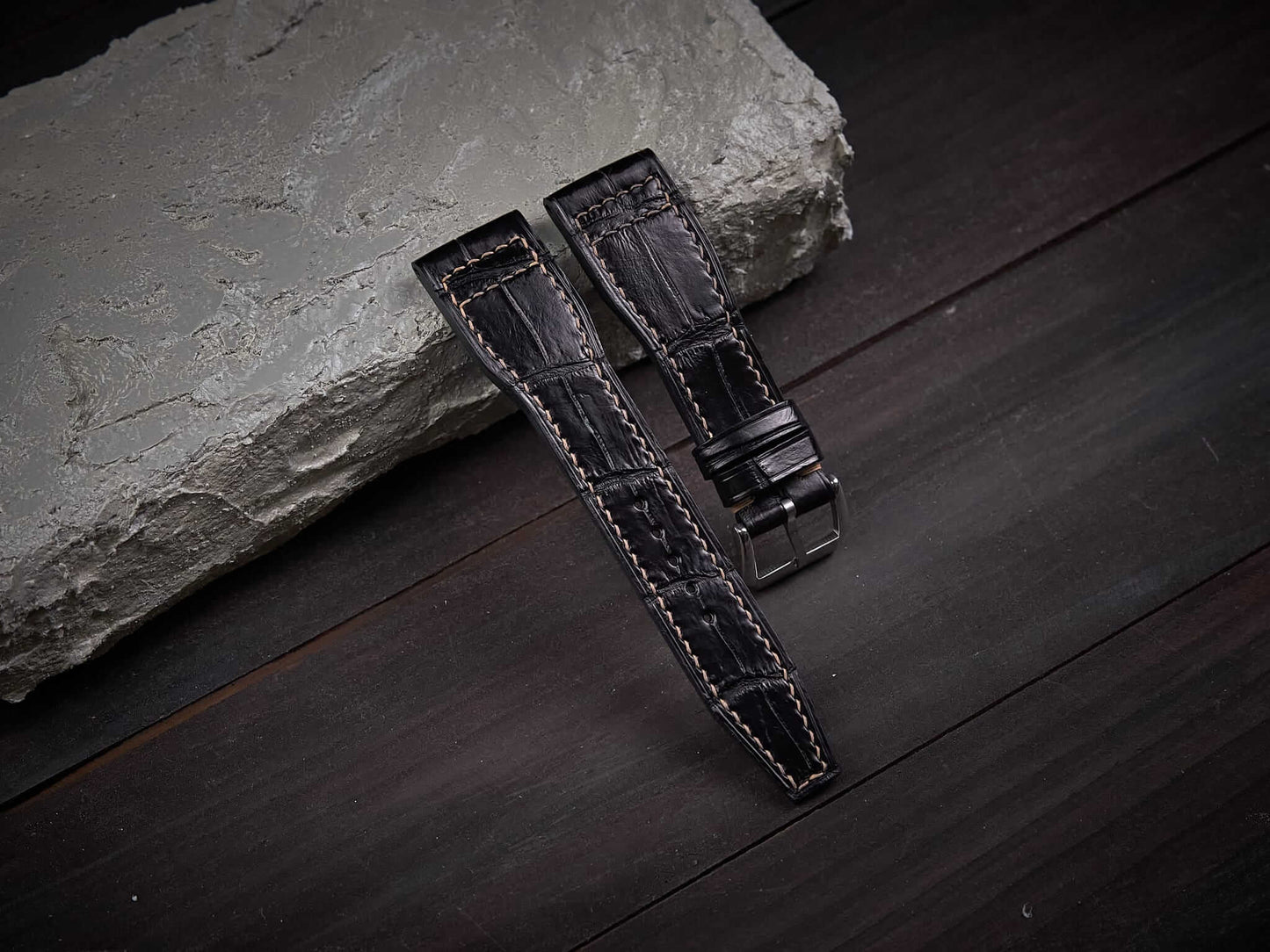 Black alligator leather pilot strap. Customizable IWC strap.-2 Moons Leather