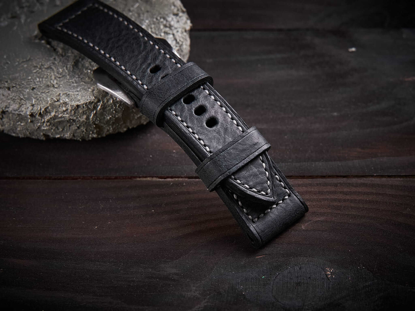 Black buttero leather Panerai strap. Customizable size and details.-2 Moons Leather
