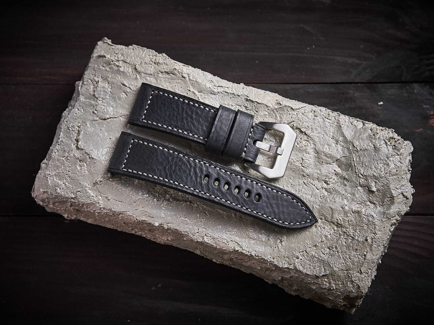 Black buttero leather Panerai strap. Customizable size and details.-2 Moons Leather