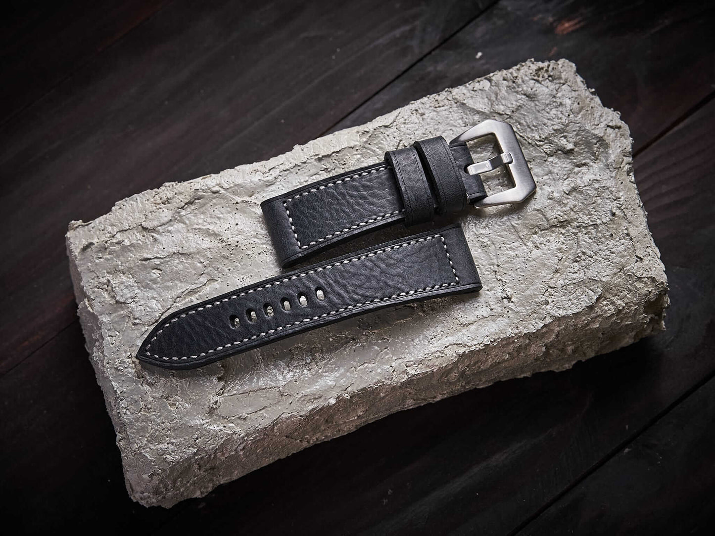 Black buttero leather Panerai strap. Customizable size and details.-2 Moons Leather