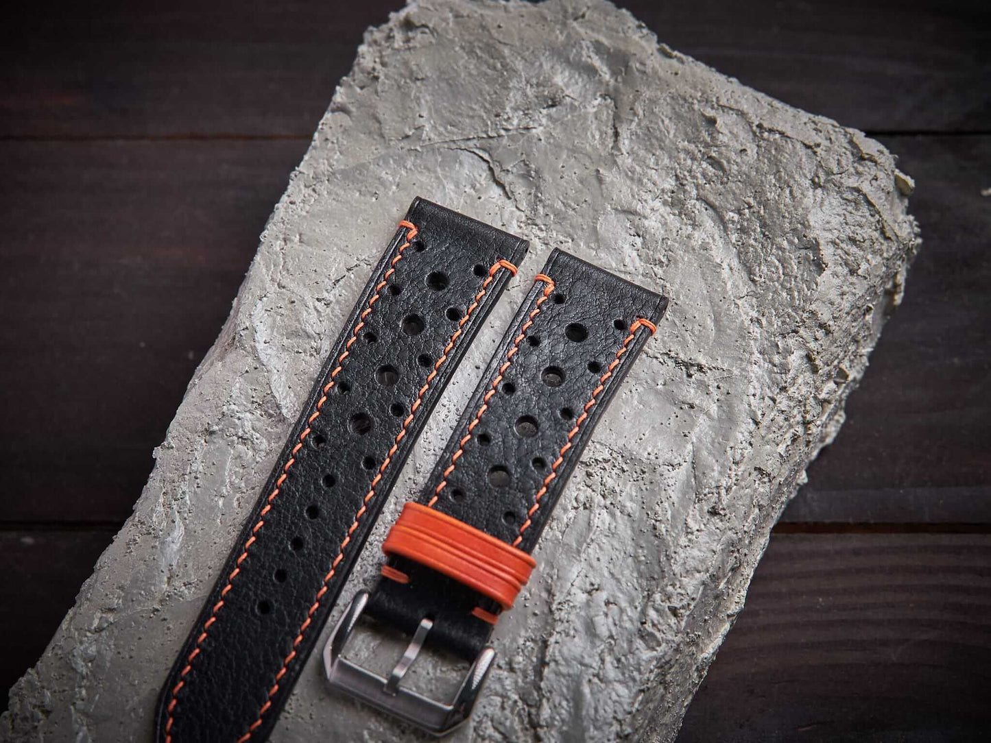 Black mix orange vachetta leather rally strap. Customizable size and details.-2 Moons Leather
