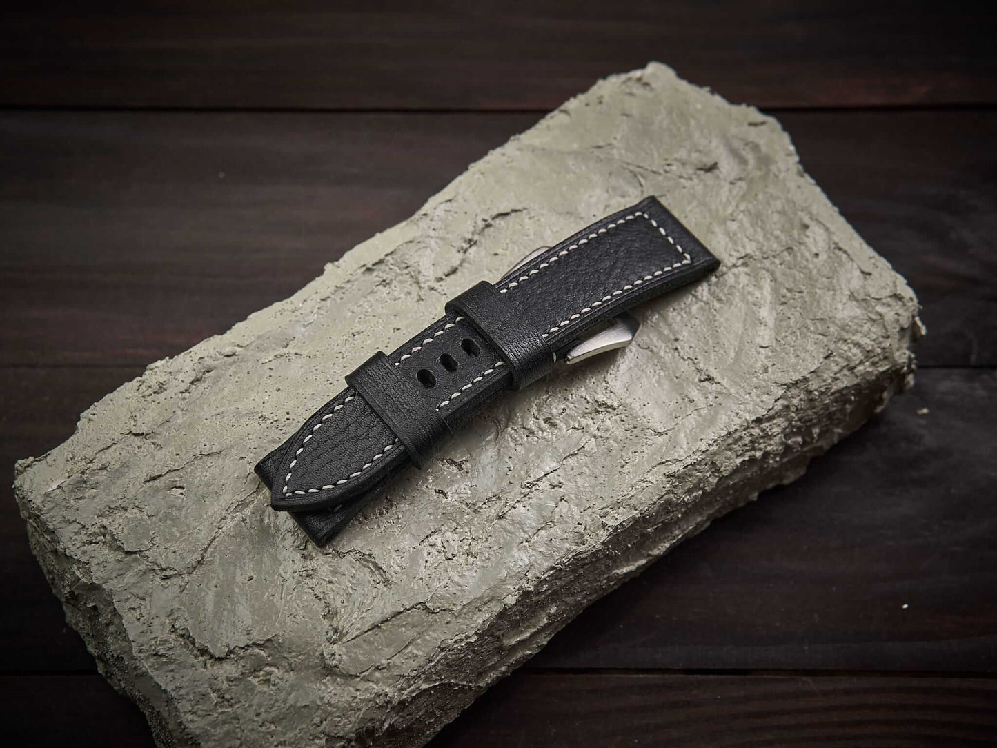 Black vachetta leather Panerai strap. Customizable size and details.-2 Moons Leather
