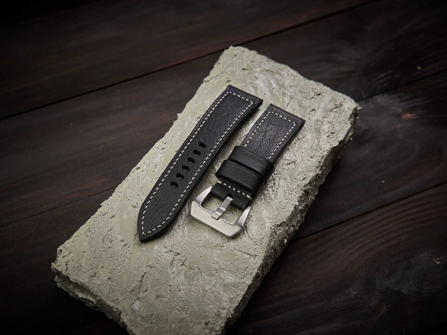 Black vachetta leather Panerai strap. Customizable size and details.-2 Moons Leather