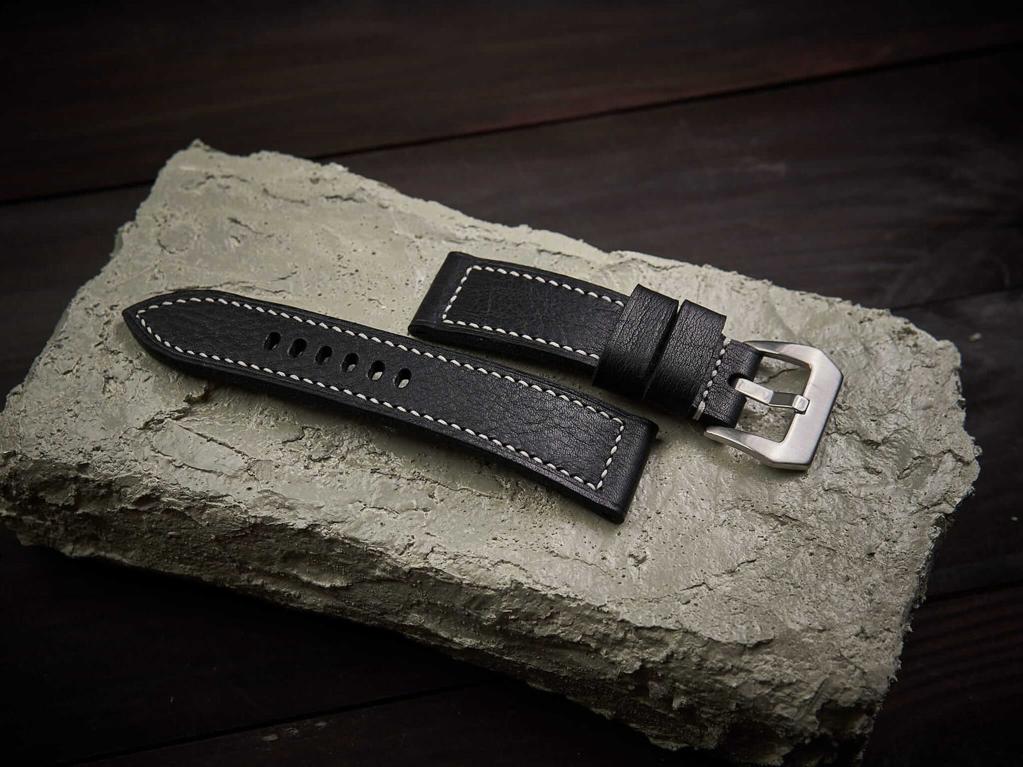 Black vachetta leather Panerai strap. Customizable size and details.-2 Moons Leather