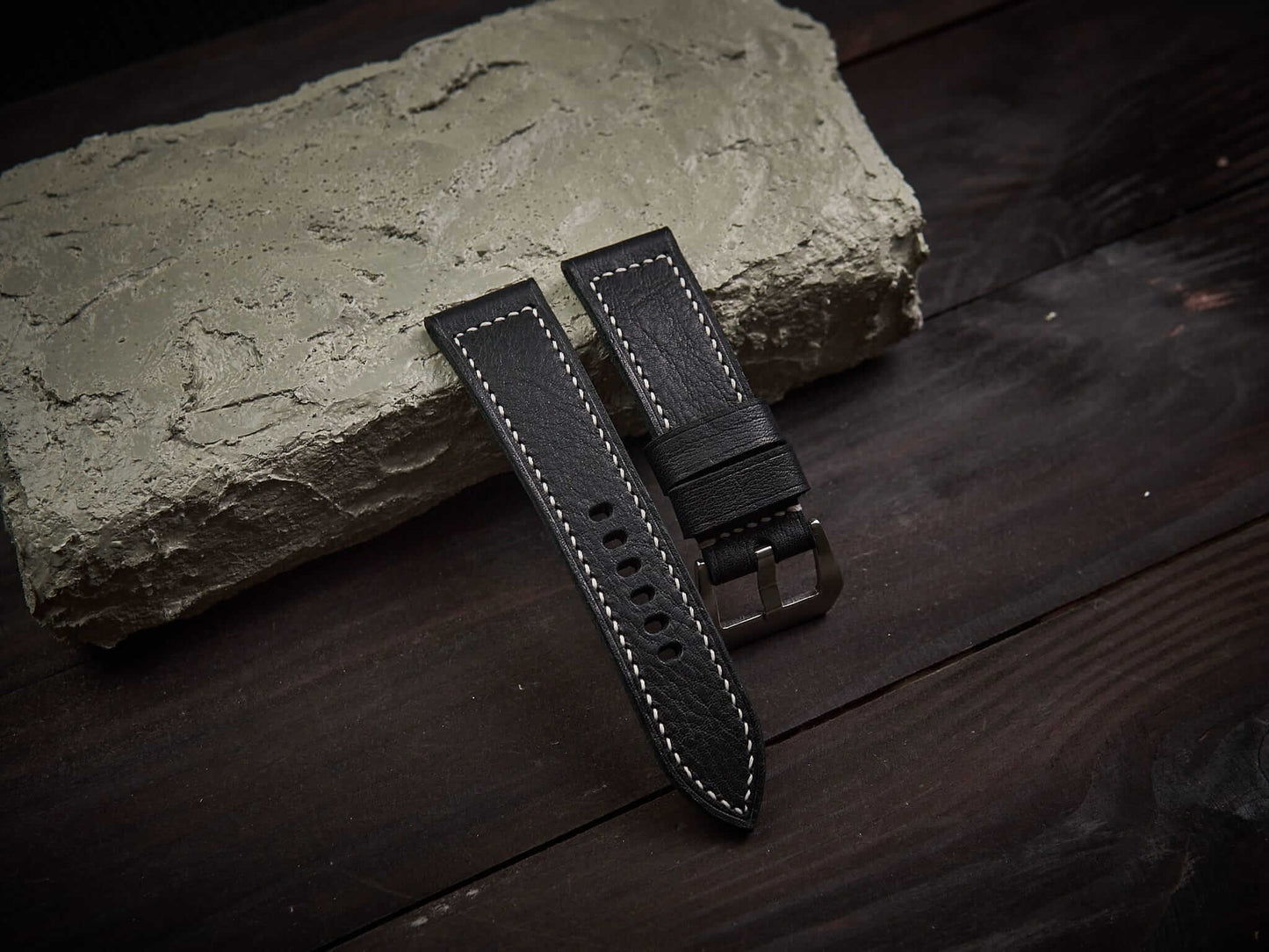 Black vachetta leather Panerai strap. Customizable size and details.-2 Moons Leather