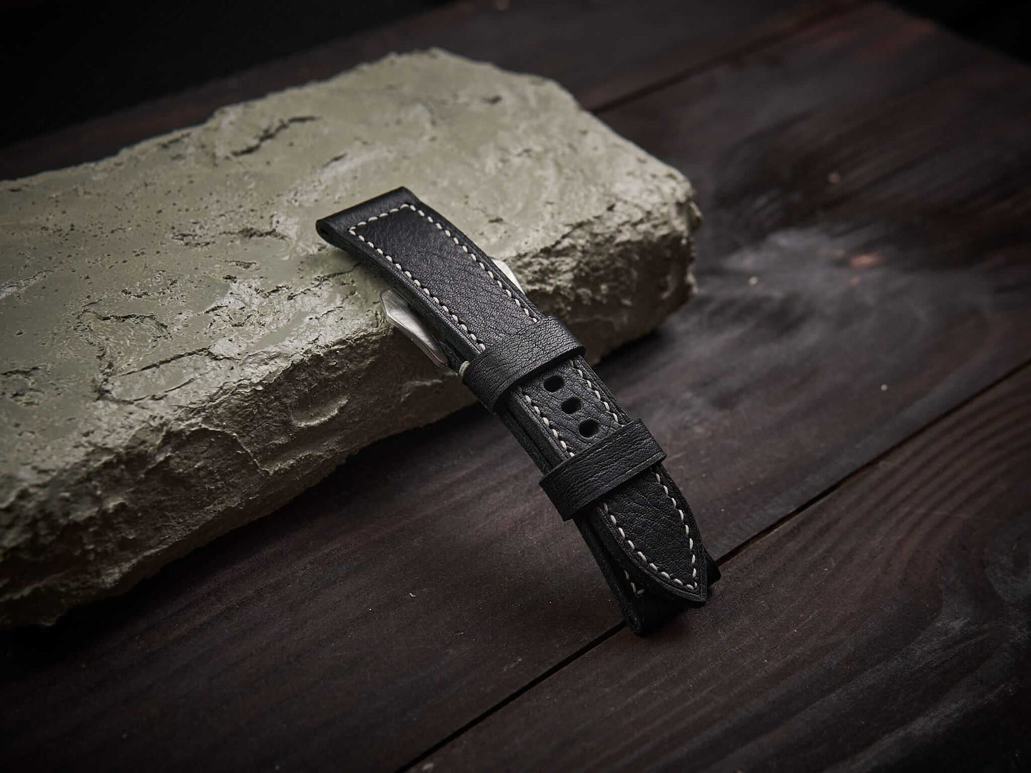Black vachetta leather Panerai strap. Customizable size and details.-2 Moons Leather