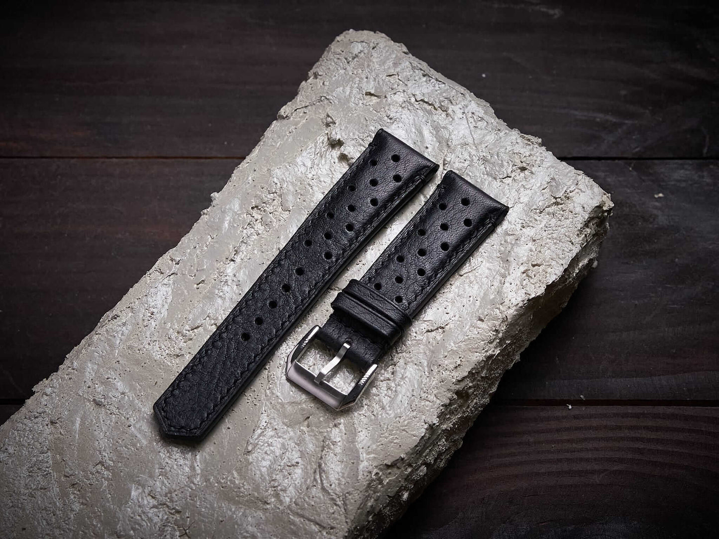 Black vachetta leather rally strap. Customizable size and details.-2 Moons Leather