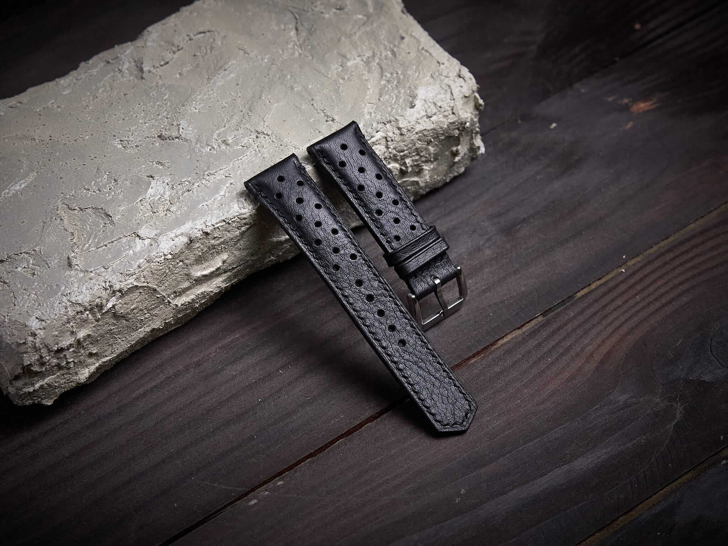 Black vachetta leather rally strap. Customizable size and details.-2 Moons Leather