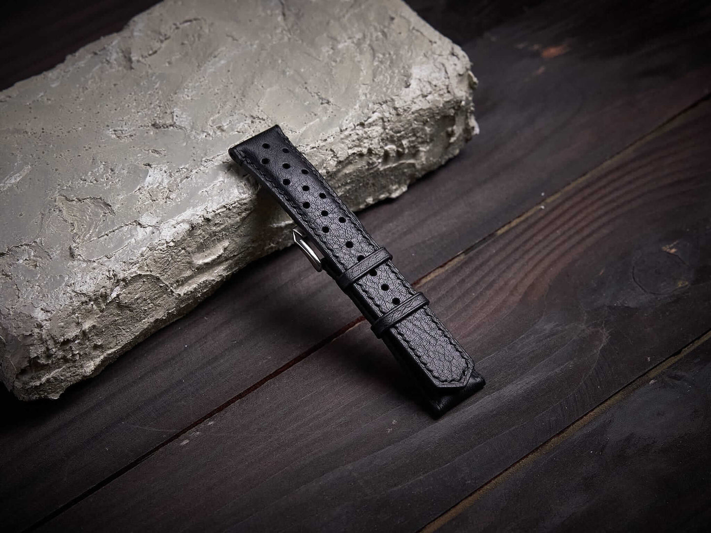 Black vachetta leather rally strap. Customizable size and details.-2 Moons Leather