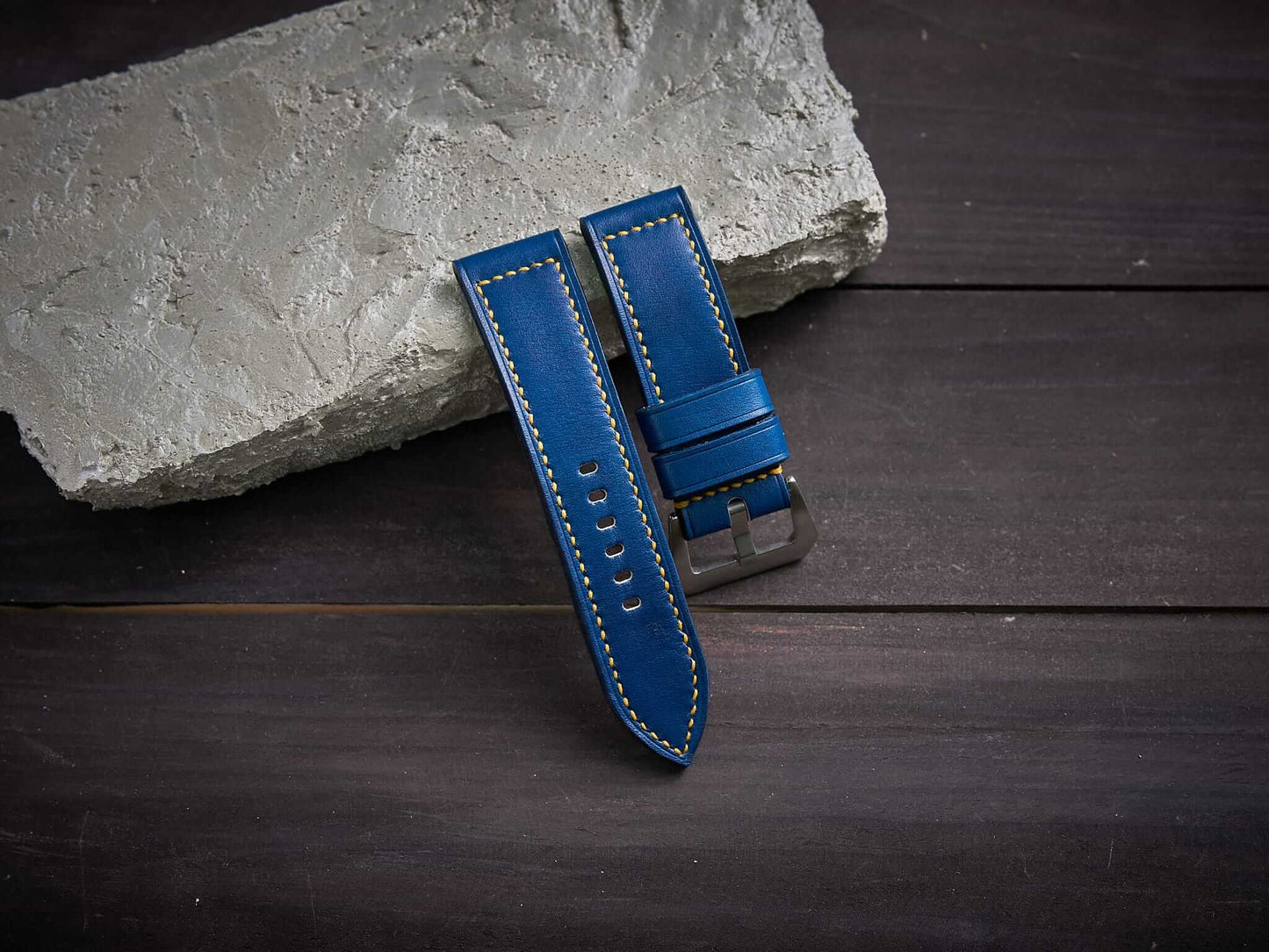 Blue veg tan leather Panerai strap with yellow stitch. Customizable size and details.-2 Moons Leather