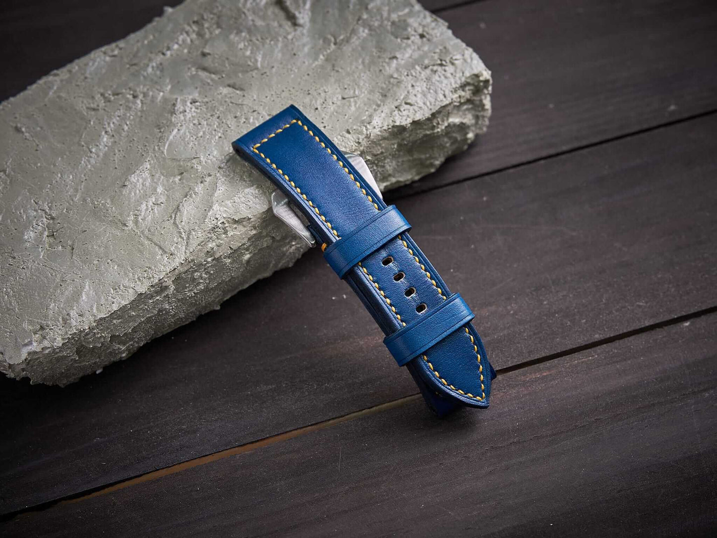 Blue veg tan leather Panerai strap with yellow stitch. Customizable size and details.-2 Moons Leather