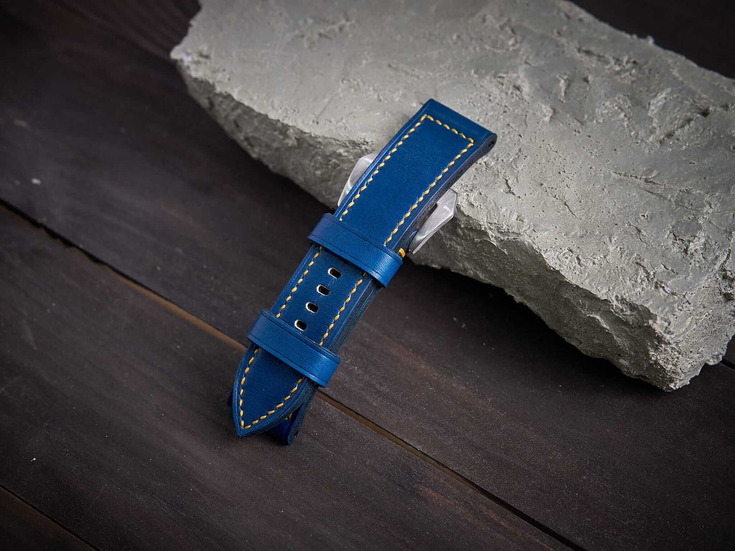 Blue veg tan leather Panerai strap with yellow stitch. Customizable size and details.-2 Moons Leather