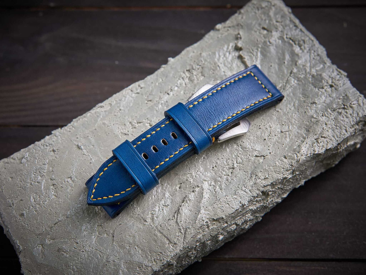 Blue veg tan leather Panerai strap with yellow stitch. Customizable size and details.-2 Moons Leather
