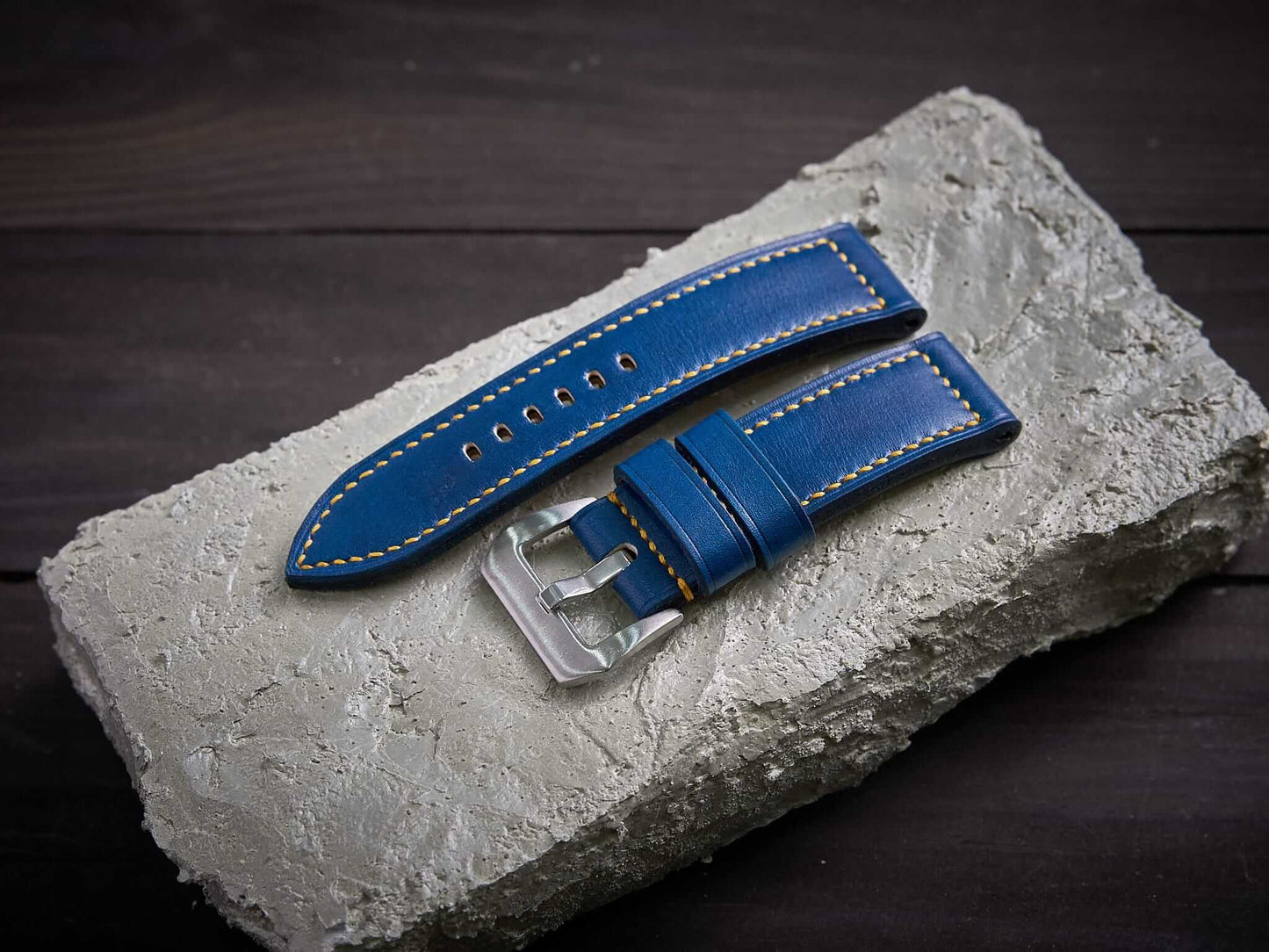 Blue veg tan leather Panerai strap with yellow stitch. Customizable size and details.-2 Moons Leather