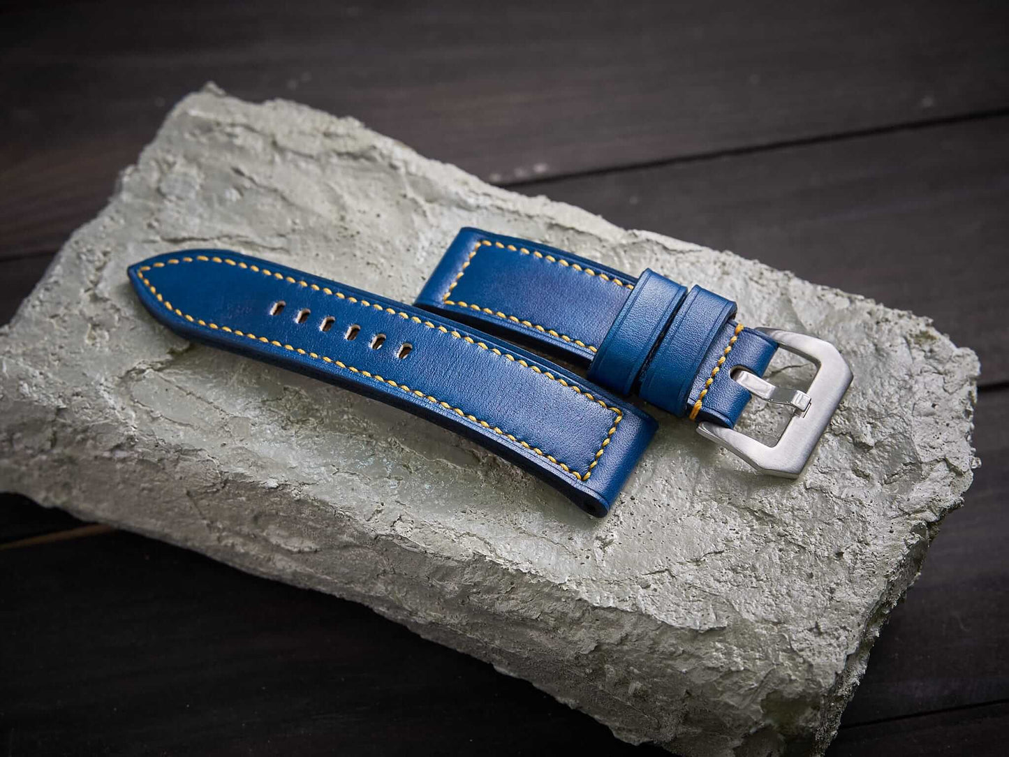Blue veg tan leather Panerai strap with yellow stitch. Customizable size and details.-2 Moons Leather