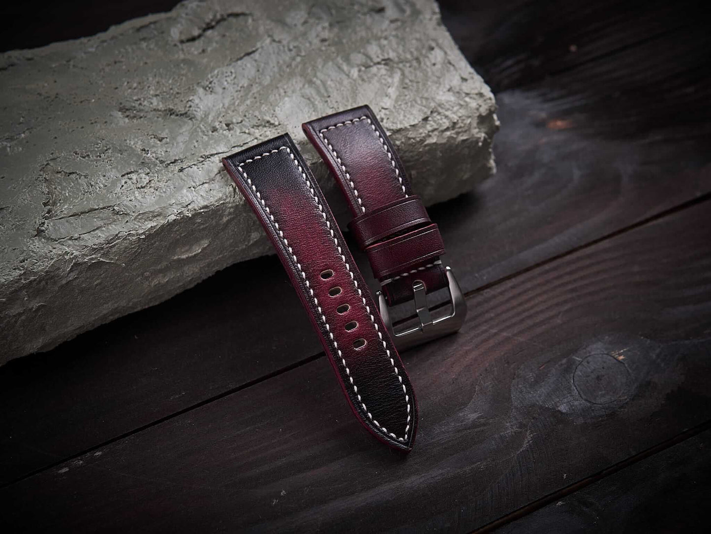 Patina bordeaux veg tan leather Panerai strap. Customizable size and details.-2 Moons Leather