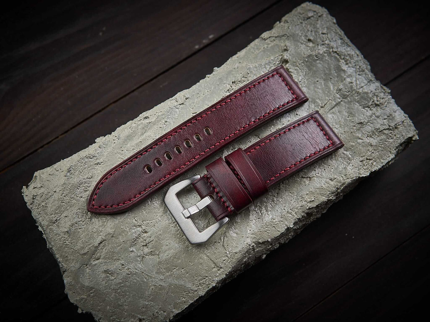 Bordeaux red veg tan leather Panerai strap. Customizable size and details.-2 Moons Leather