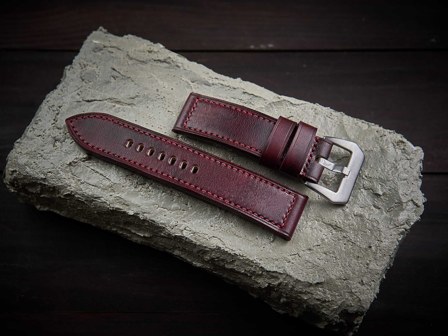 Bordeaux red veg tan leather Panerai strap. Customizable size and details.-2 Moons Leather