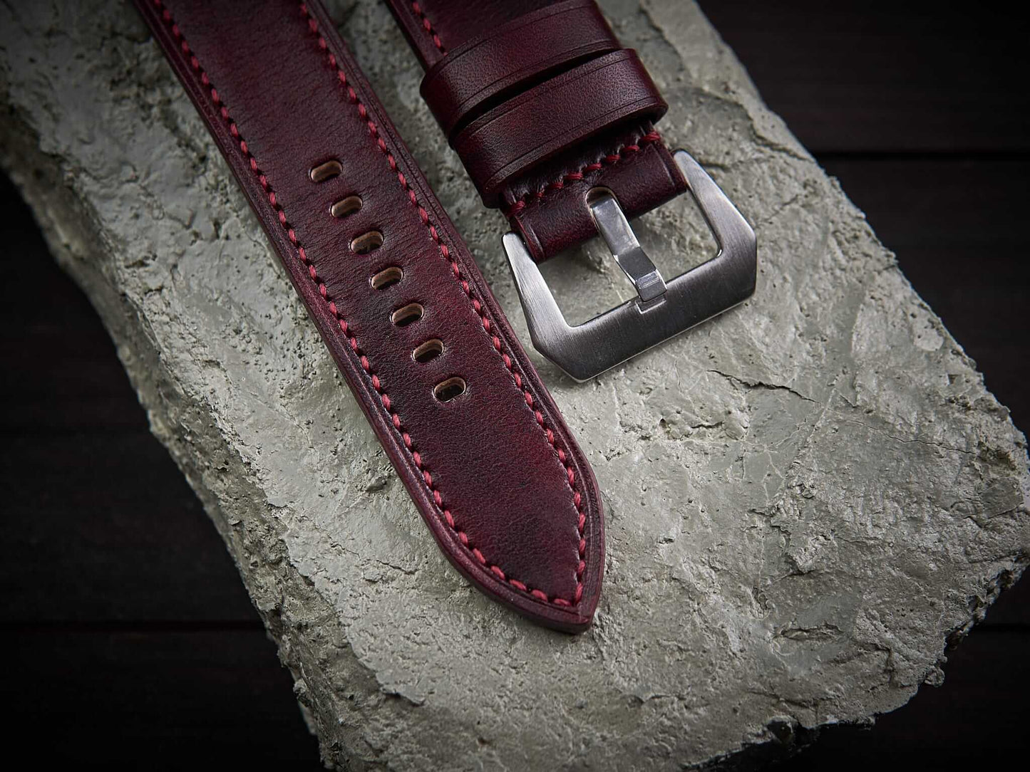 Bordeaux red veg tan leather Panerai strap. Customizable size and details.-2 Moons Leather