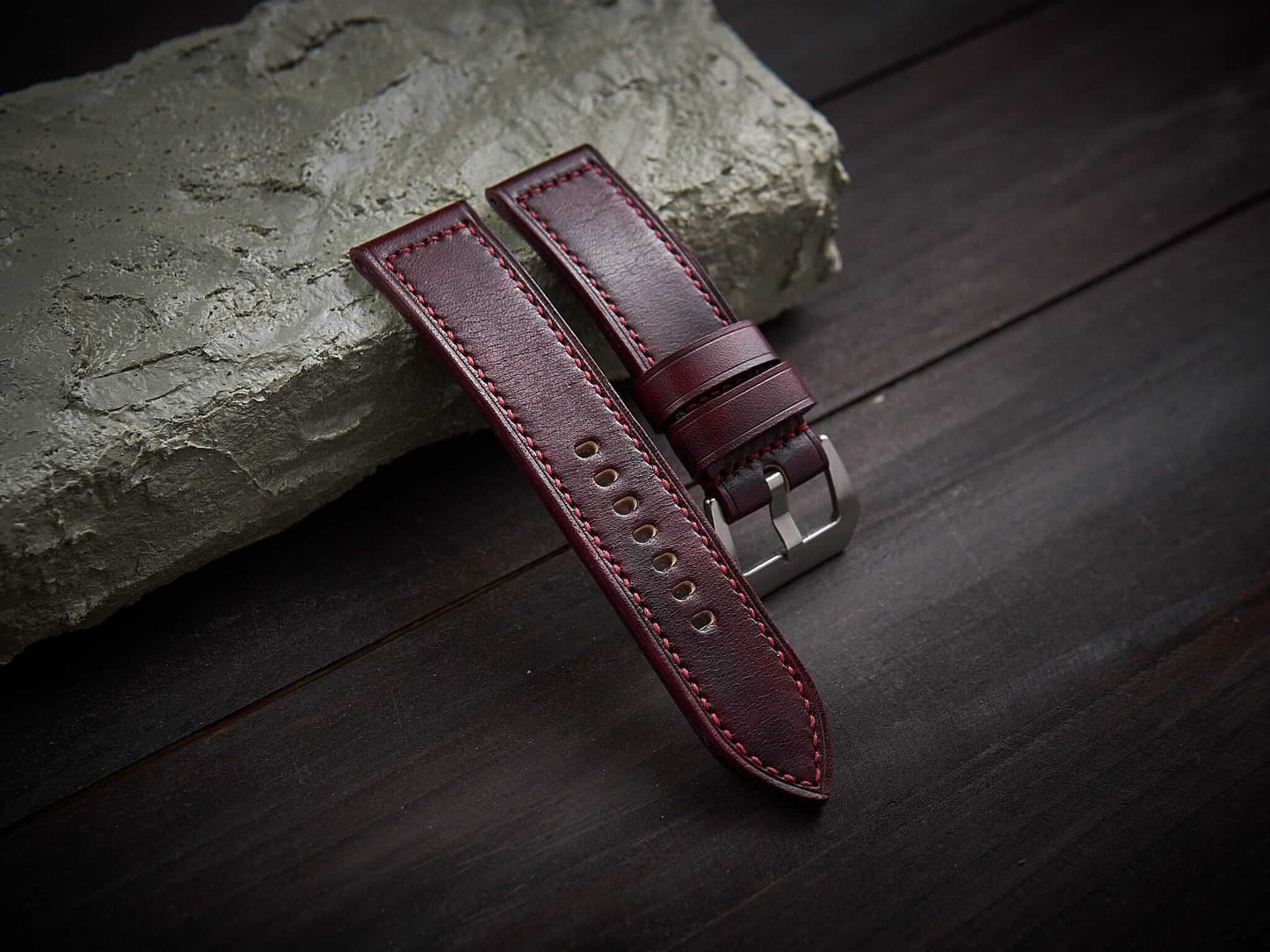 Bordeaux red veg tan leather Panerai strap. Customizable size and details.-2 Moons Leather