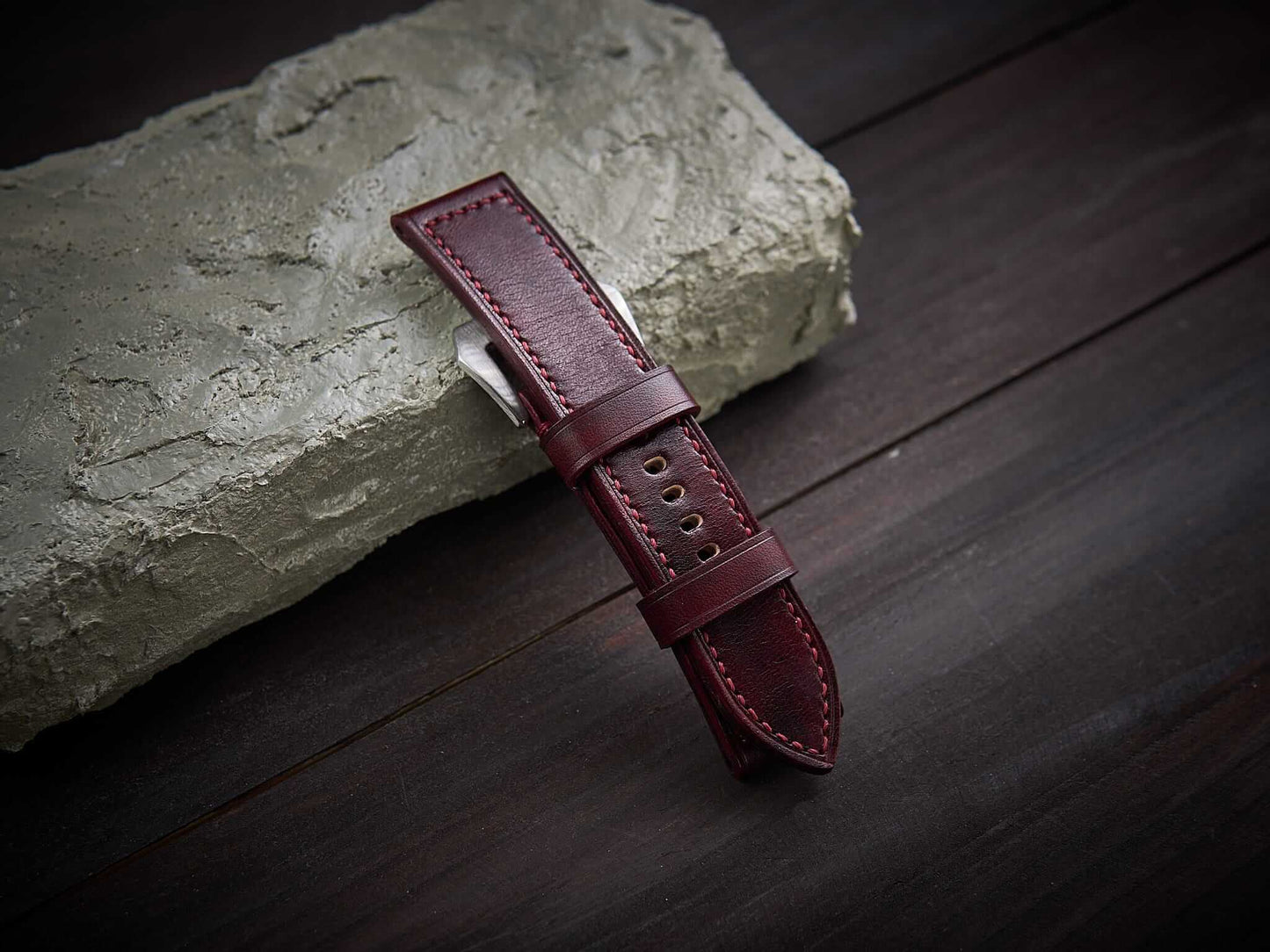Bordeaux red veg tan leather Panerai strap. Customizable size and details.-2 Moons Leather