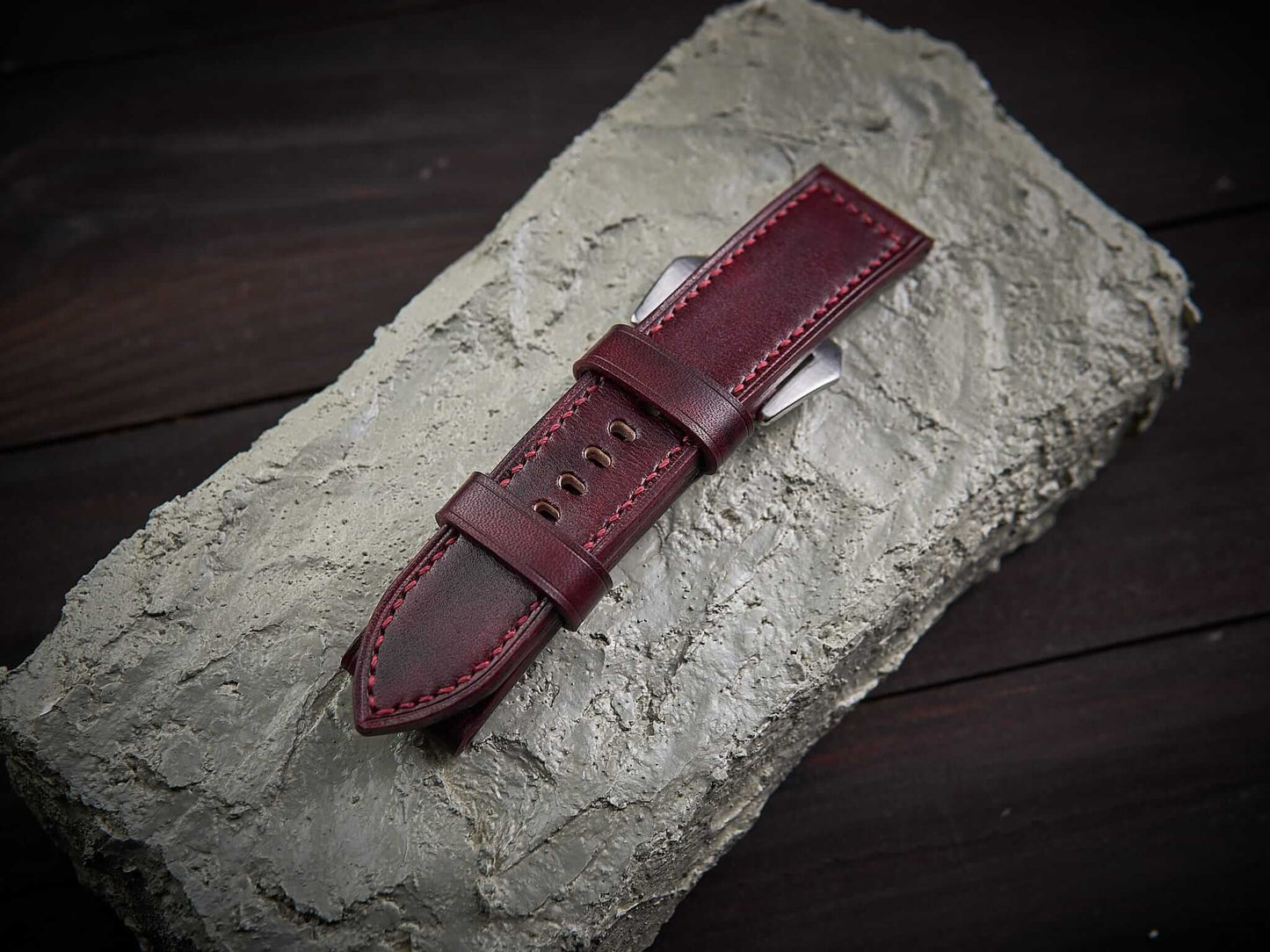 Bordeaux red veg tan leather Panerai strap. Customizable size and details.-2 Moons Leather