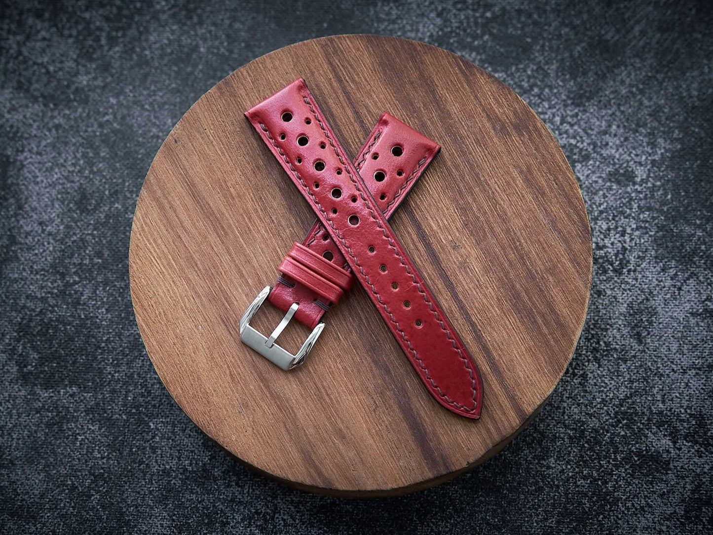 Bordeaux red veg tan leather rally strap. Customizable size and details.-2 Moons Leather