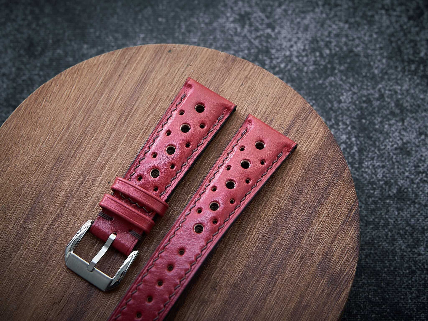 Bordeaux red veg tan leather rally strap. Customizable size and details.-2 Moons Leather