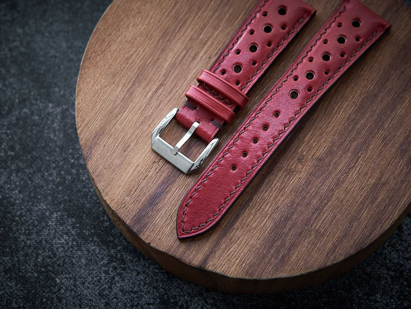 Bordeaux red veg tan leather rally strap. Customizable size and details.-2 Moons Leather