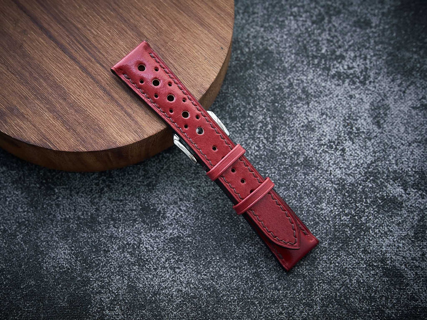 Bordeaux red veg tan leather rally strap. Customizable size and details.-2 Moons Leather