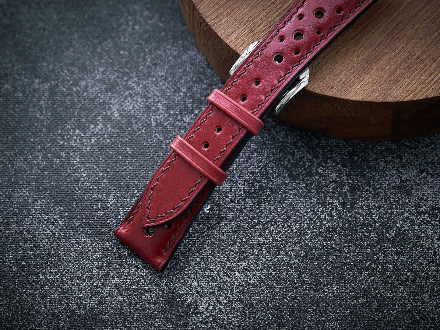 Bordeaux red veg tan leather rally strap. Customizable size and details.-2 Moons Leather