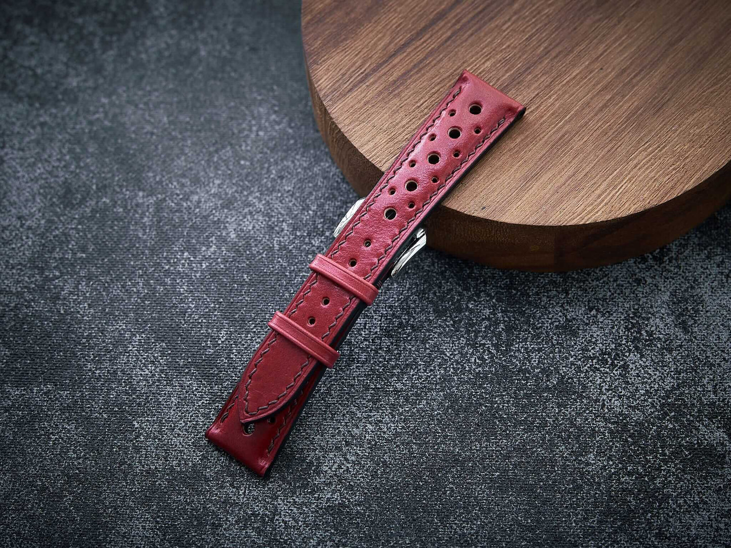 Bordeaux red veg tan leather rally strap. Customizable size and details.-2 Moons Leather