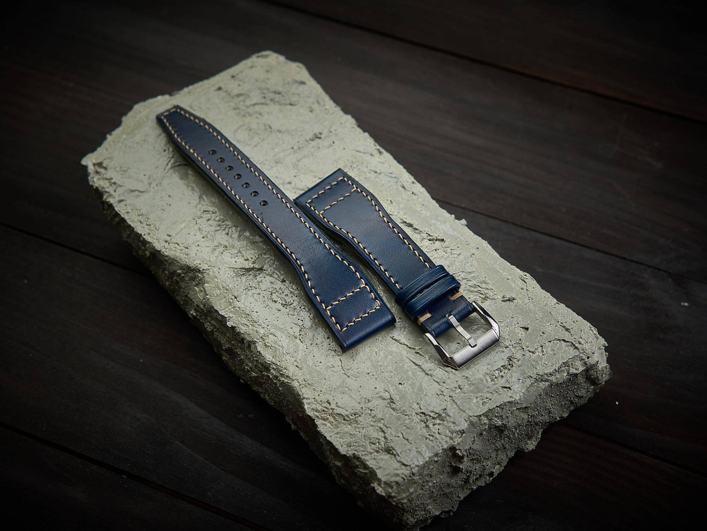 Dark blue tan leather pilot strap. Customizable IWC strap.-2 Moons Leather