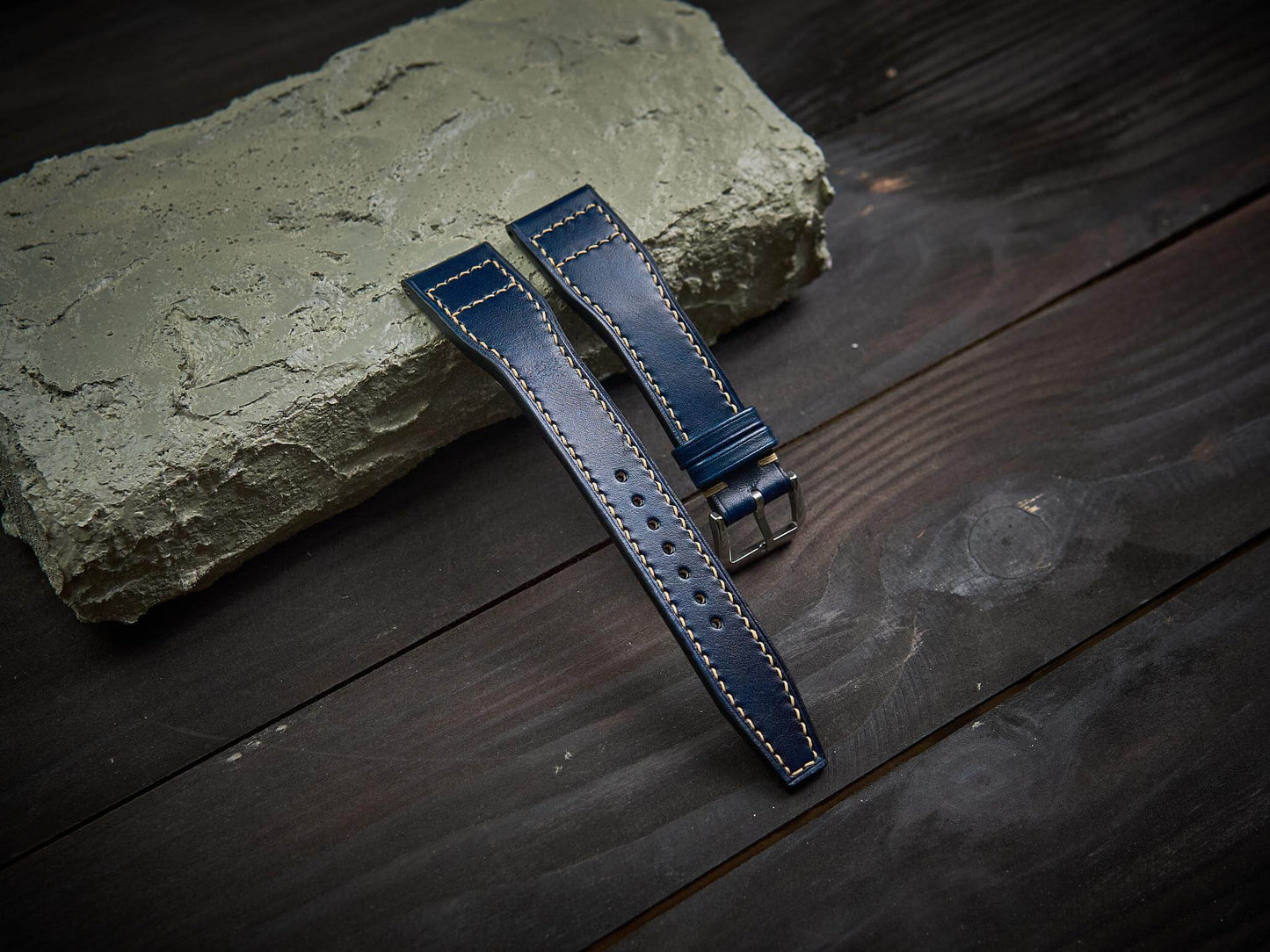 Dark blue tan leather pilot strap. Customizable IWC strap.-2 Moons Leather