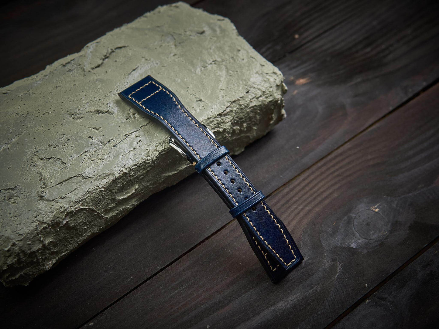 Dark blue tan leather pilot strap. Customizable IWC strap.-2 Moons Leather