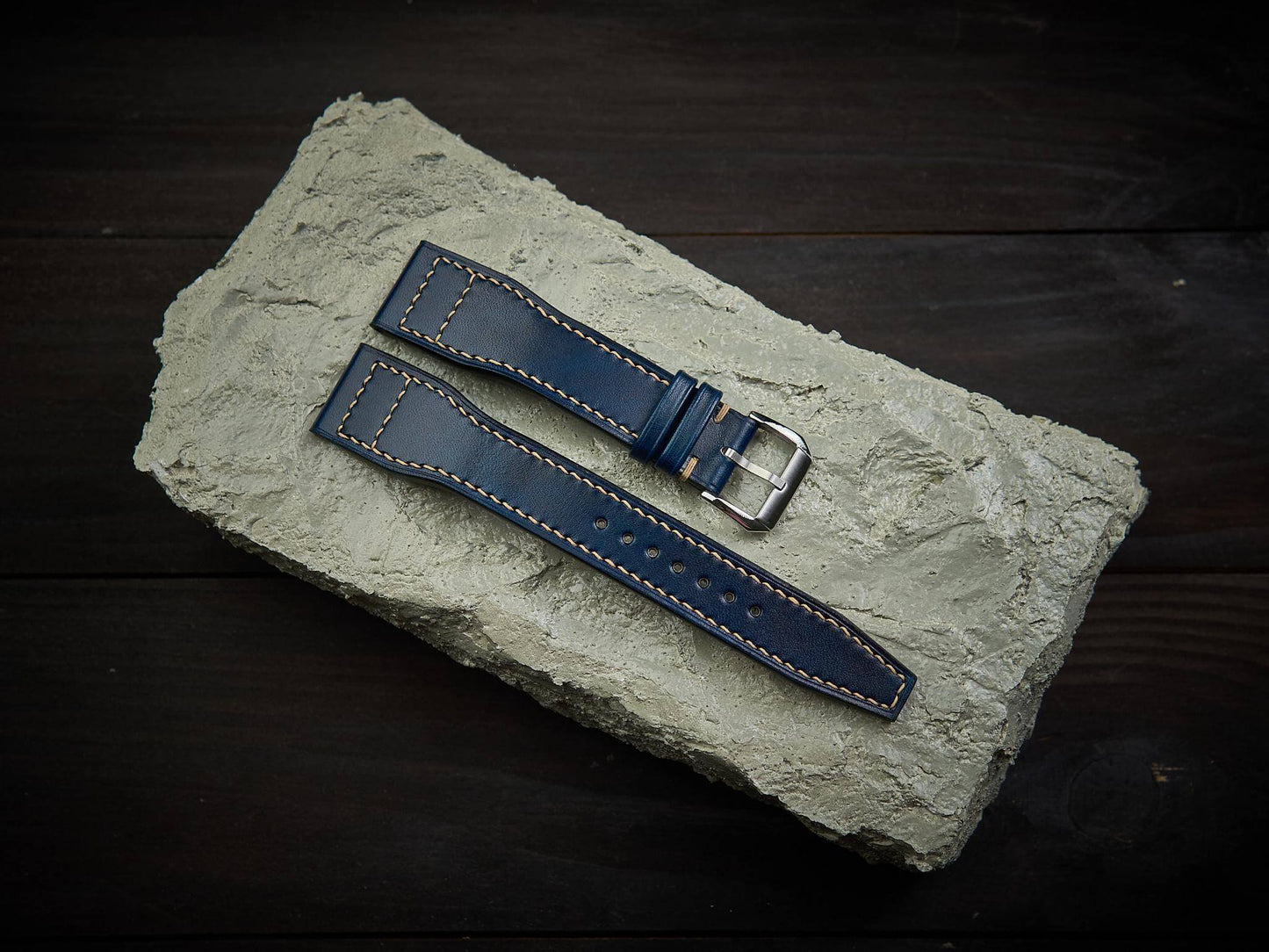 Dark blue tan leather pilot strap. Customizable IWC strap.-2 Moons Leather