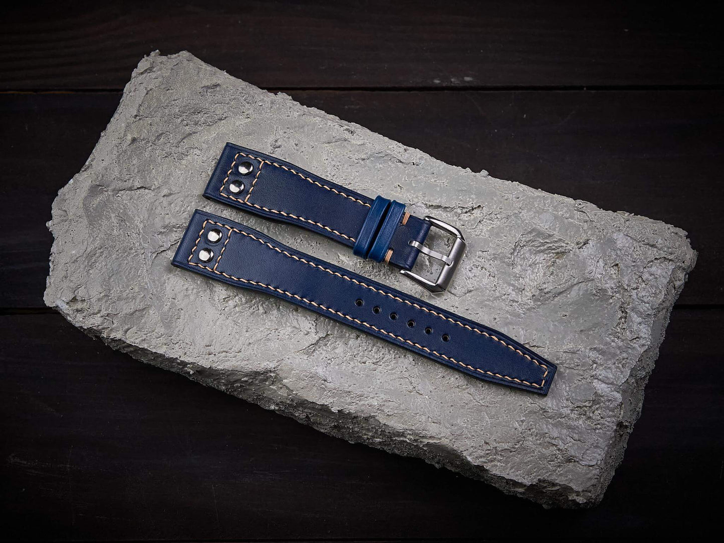 Dark blue veg tan leather rivet pilot strap. Customizable IWC strap.-2 Moons Leather