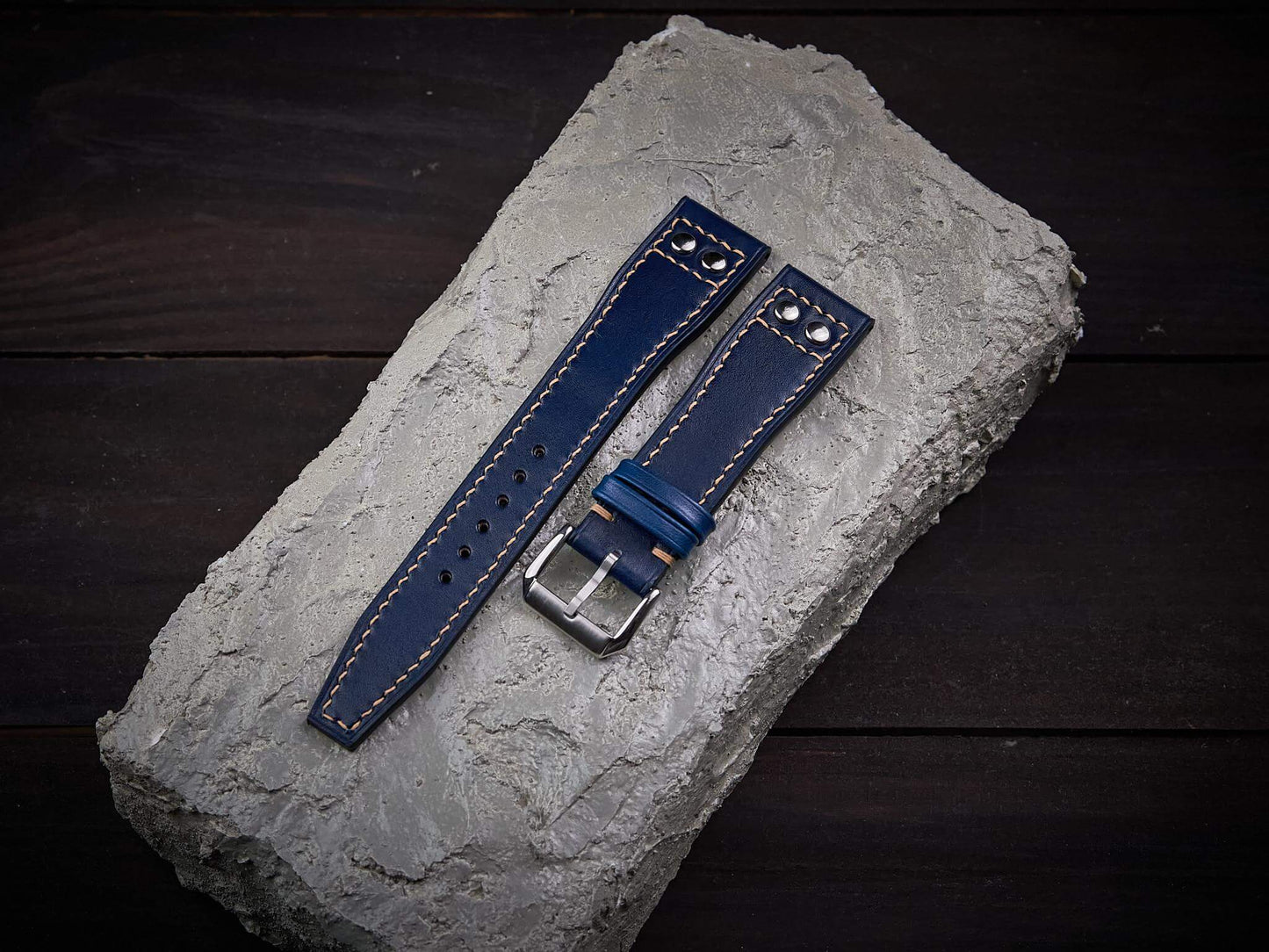 Dark blue veg tan leather rivet pilot strap. Customizable IWC strap.-2 Moons Leather