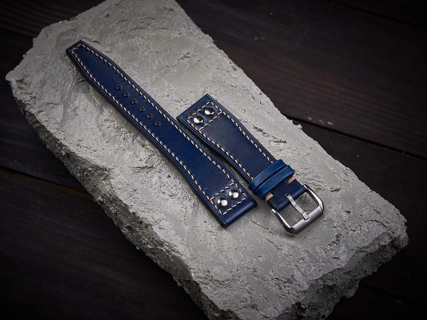 Dark blue veg tan leather rivet pilot strap. Customizable IWC strap.-2 Moons Leather