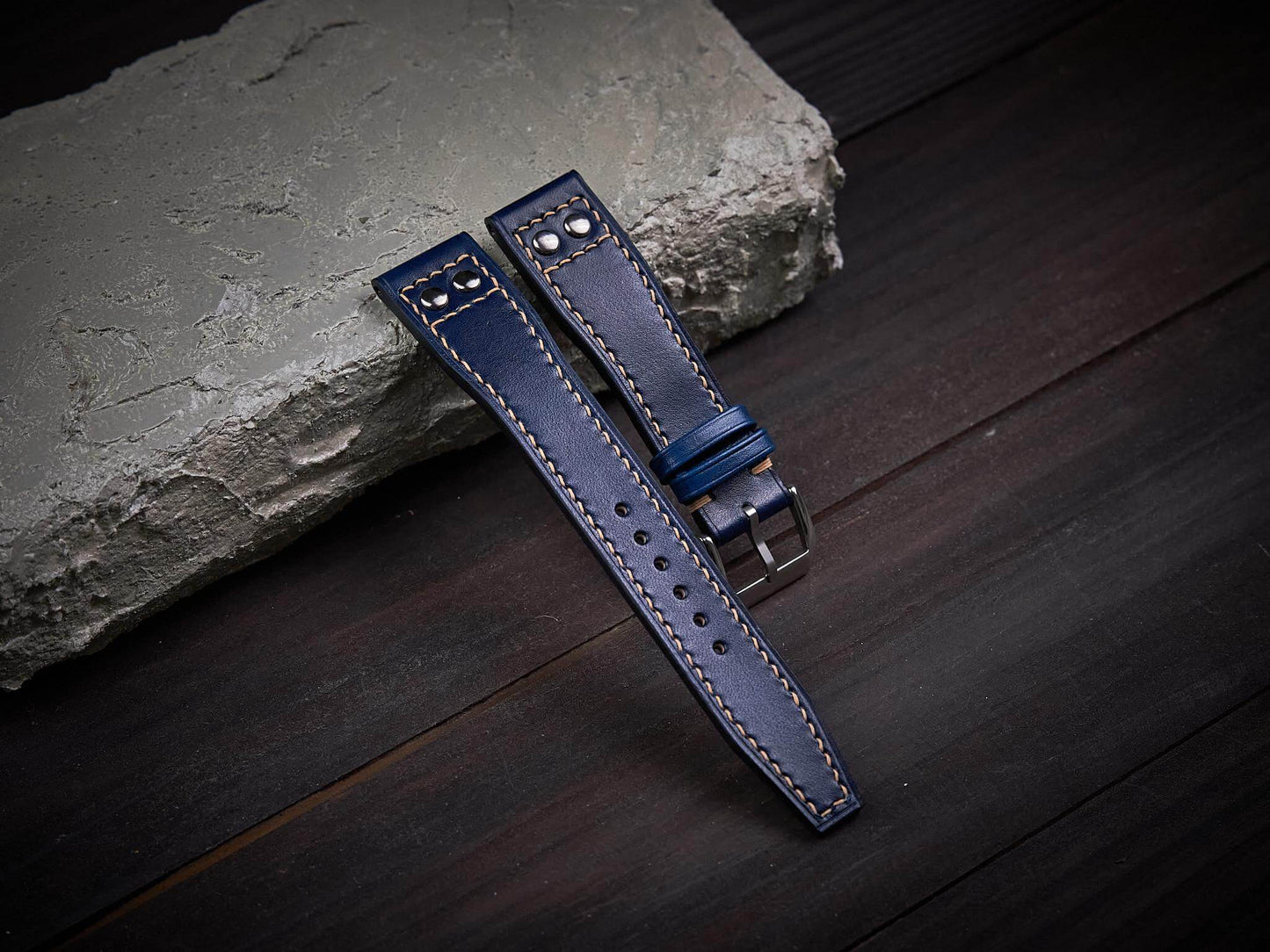 Dark blue veg tan leather rivet pilot strap. Customizable IWC strap.-2 Moons Leather