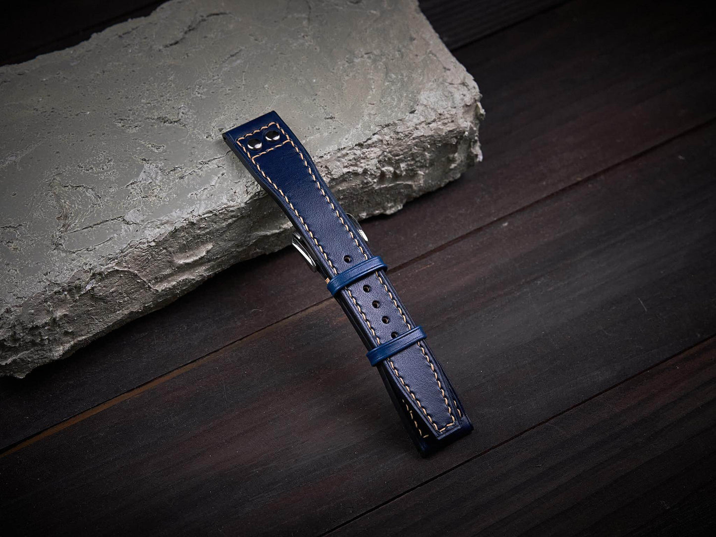 Dark blue veg tan leather rivet pilot strap. Customizable IWC strap.-2 Moons Leather