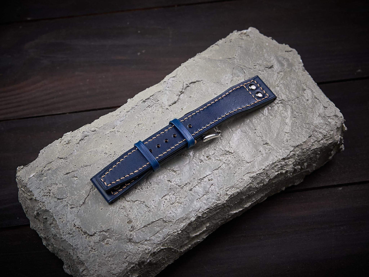 Dark blue veg tan leather rivet pilot strap. Customizable IWC strap.-2 Moons Leather