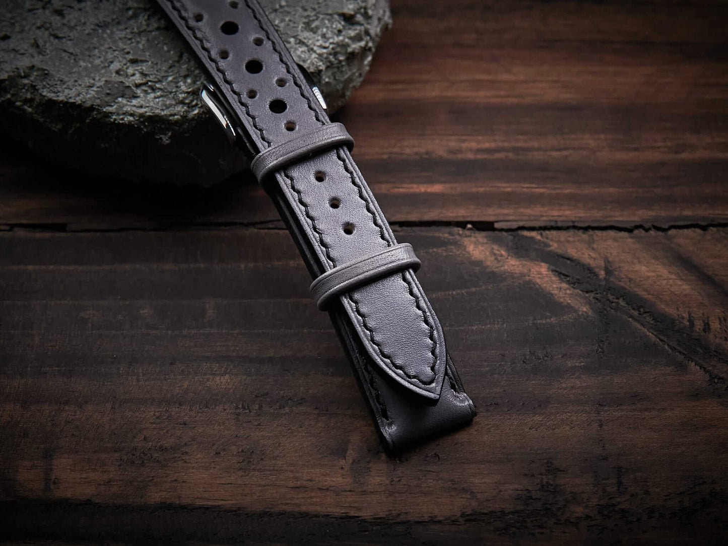 Gray veg tan leather rally strap. Customizable size and details.-2 Moons Leather